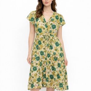 Trovata Birds Of Paradis Kristi Floral Dress Button Midi Bungalow Floral XS Boho